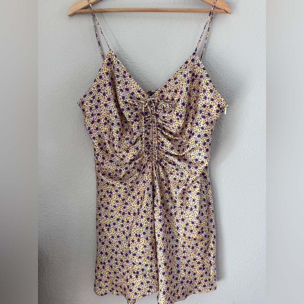 Zara Yellow and Purple Floral Satin Tie-Front Slip Dress